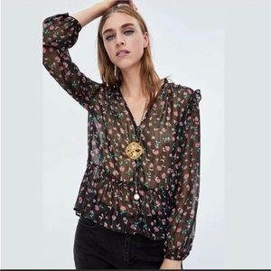 Zara Black Sheer Floral Small Blouse